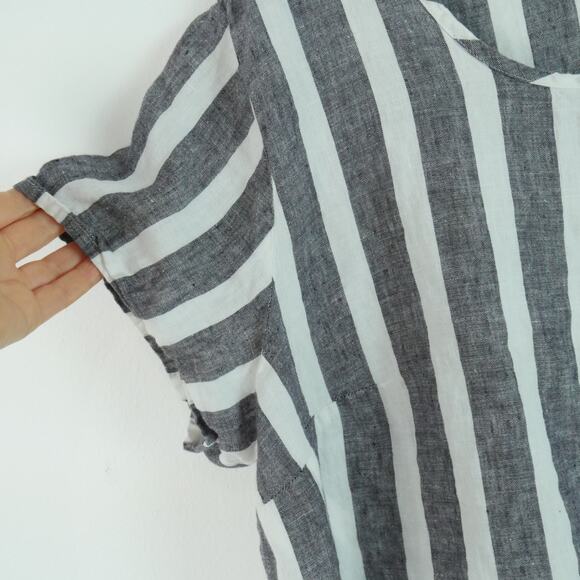 FLAX 1G Top 100% Linen Striped Popover Short Sleeve Boho Artsy Lagenlook Relaxed - Picture 4 of 6